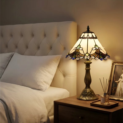 White Baroque Tiffany Table Lamp, 3 Color Temperature, Vintage Bronze Base, Reading Desk Light for Bedroom Living Room Office with Bulb Included 12"W*12"D*19"H