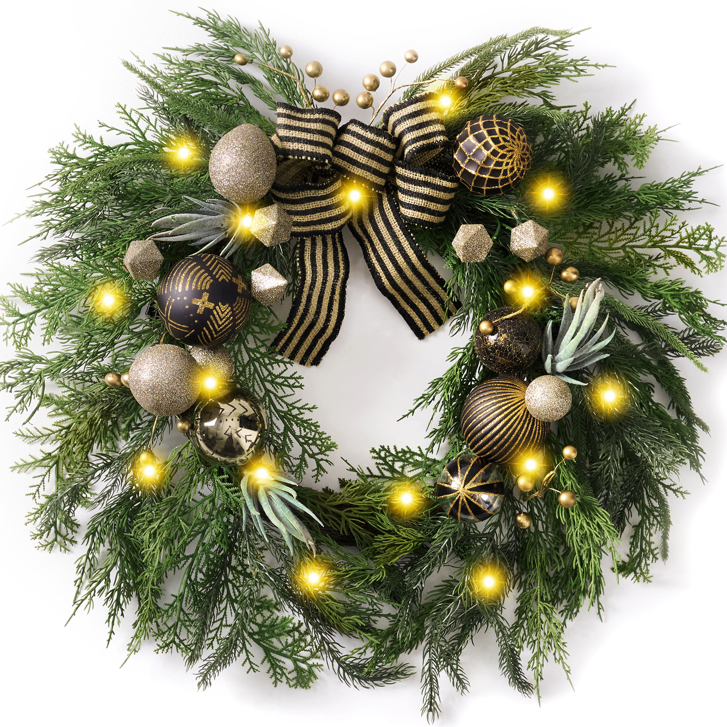 The Holiday Aisle® Kahea 24" Large Ribbon Bow & Christmas Balls Pre-Decorated Lighted Christmas Pine Wreath | Wayfair