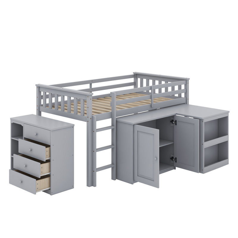 Twin Loft Bed With Storage Cabinet, Drawer And Shelf Cabinet And Pulling-Out Desk, Rubber Wood Loft Bed With Safety Guardrail, Ladder