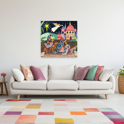 Three Wise Men In The Night Christmas Colorful Traditional Vibrant Landscape Nature Wall Art Print 1 Piece Wrapped Canvas Wall Art