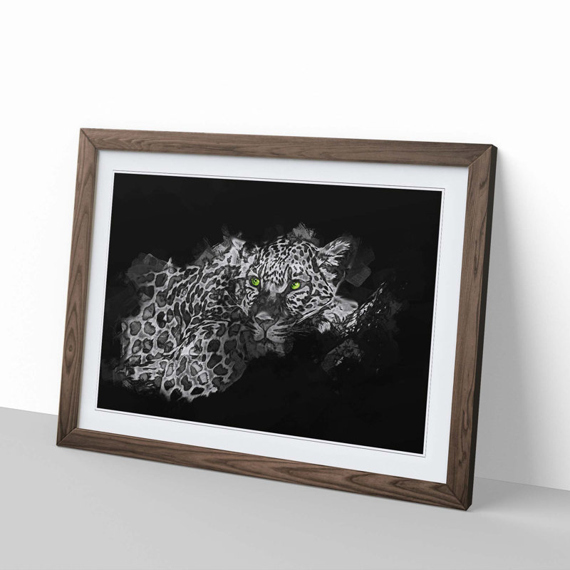 Leopard with Green Eyes High in Abstract - Picture Frame Graphic Art Print, 27cm H x 36cm W x 2cm D, Walnut Framed