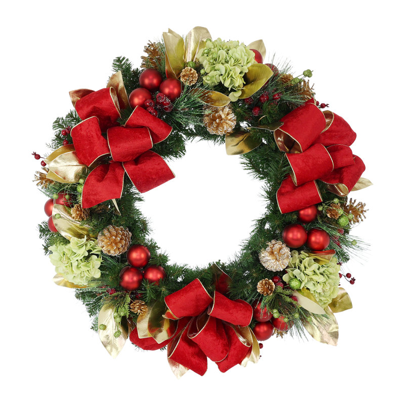36'' Holiday Wreath with Hydrangeas and Pinecones
