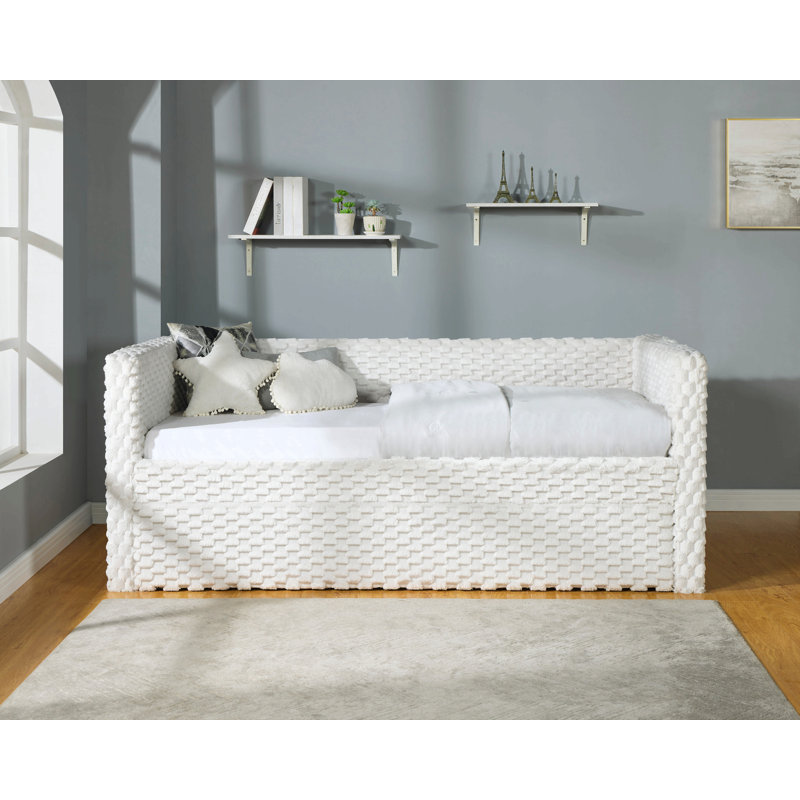 Beautiful 1Pc Modern Daybed  Armrest Pull Out Trundle Bedroom Living Room Furniture Soft White Dove Textured Fabric Finish Furniture