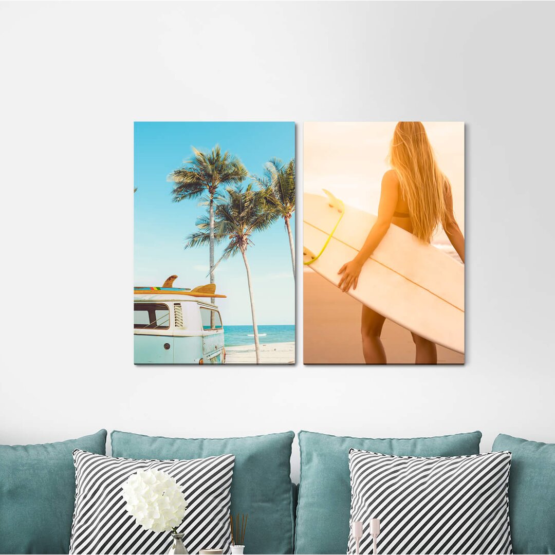 2-tlg. Leinwandbilder-Set - Grafikdruck „Bus Surfing Boy Woman Summer Palm Trees Surfboard”