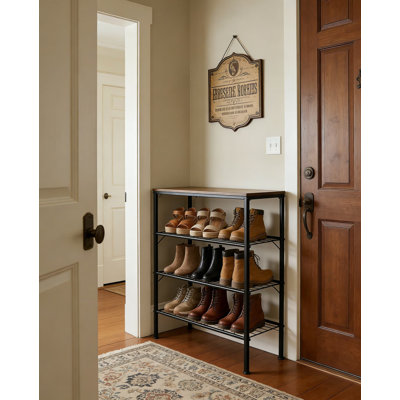 Range-chaussures à 4 niveaux avec pieds réglables, fabrication robuste en bois et en métal, conception compacte pour le rangement dans l'entrée, la chambre à coucher et le salon
