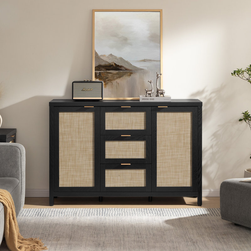 51.57'' W 3-Drawer And 2-Door Rattan Sideboard With Adjustable Shelves, Black Oak