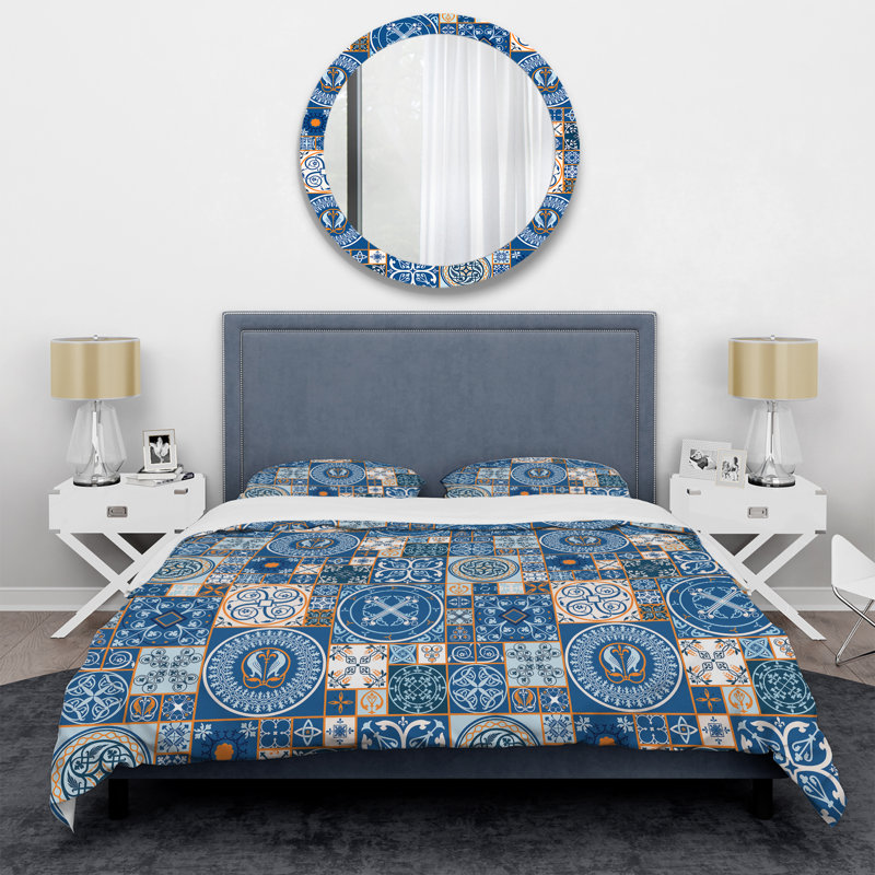 Blue Tiles Patchwork - Ensemble de housse de couette à motif, Housse de couette simple + 1 taie décorative stan