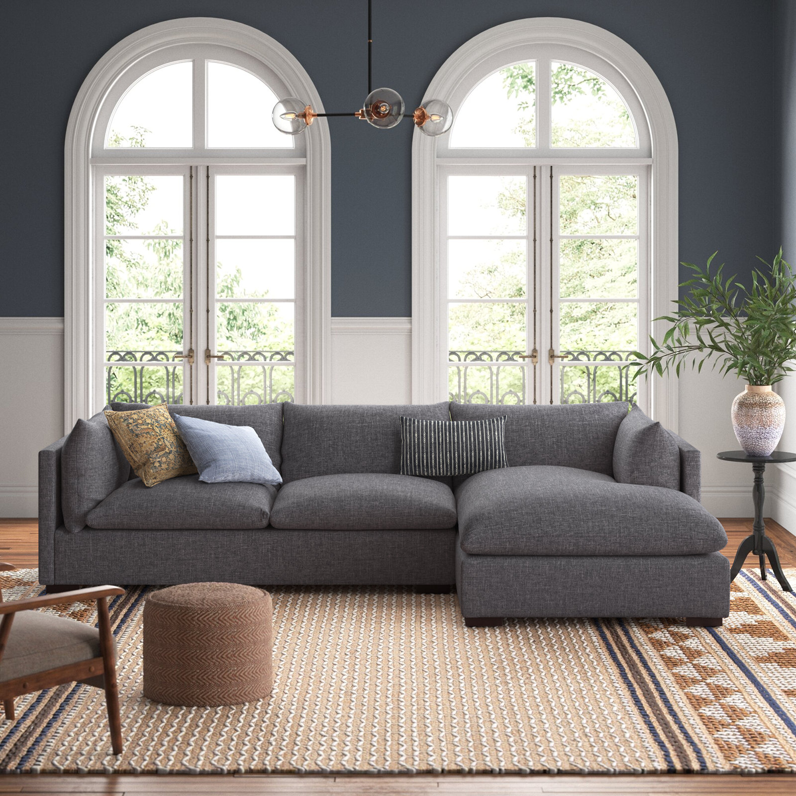 Zuri Sofa and Chaise, Right Hand Facing, 31.5" H x 131" W x 67.5" D, Bennett Moon Polyester