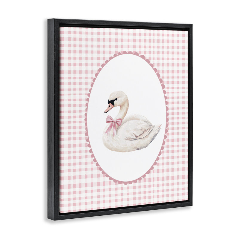 Cygne doux sur cadre flottant à carreaux rose, design par Christine Simpson Art, H 31 po x l 25 po