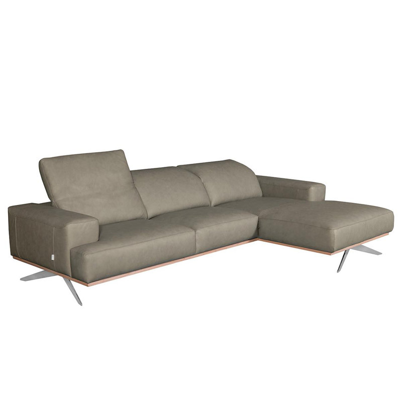 Edeltraut Genuine Leather Corner Sofa with Wooden Frame, Grey, Right Hand Facing