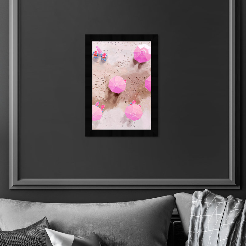 Parasol rose au bord de la plage - peinture encadrée, Cadre noir, H 17 po x l 12 po