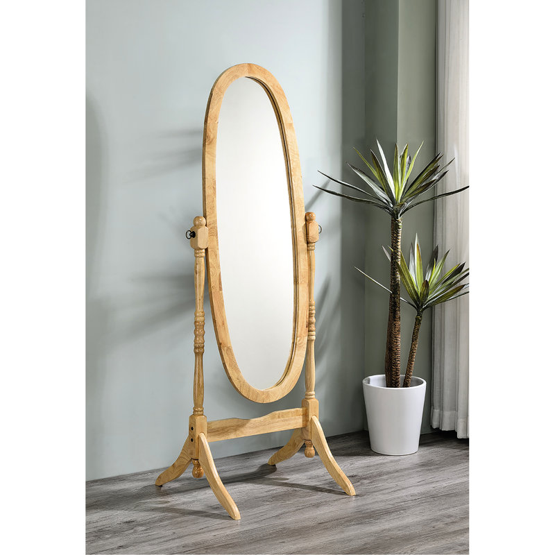 Miroir sur pied 60,62 "en bois naturel, ovale. Miroir ajustable. S'incline facilement à n'importe quel angle. Facile à assembler et à finition naturelle.