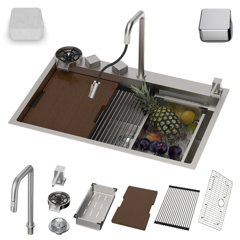 33x22 Drop In Kitchen Sinks Square Design, Waterfall Kitchen Sink with Faucet Combo, Modern Smart Workstation Stainless Steel Single Bowl Kitchen Sinks, 33" x 22" x 10" Inch, Brushed Silver