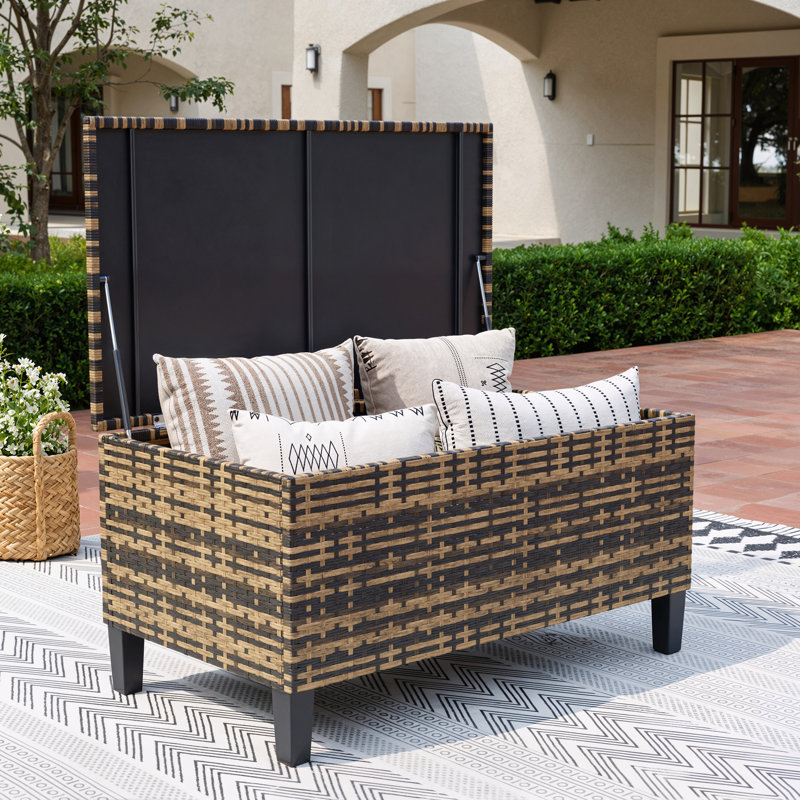 Coffre de rangement extérieur en osier avec plateau relevable, coffre de rangement pour terrasse de piscine résistant aux intempéries