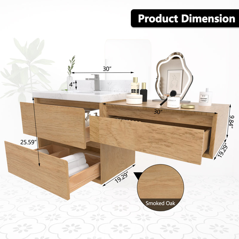 Mellani 60 Inch Floating Bathroom Vanity & Makeup Table Set