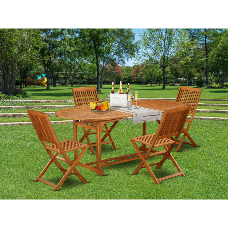 5 Piece Outdoor Patio Dining Sets Includes an Oval Acacia Wood Table and 4 Folding Side Chairs, Natural Oil