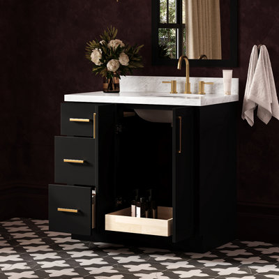   Kayleigh 37 Inch Right Offset Single Oval Sink Bathroom Vanity with Carrara White Marble Countertop 1.5 Inch in Black