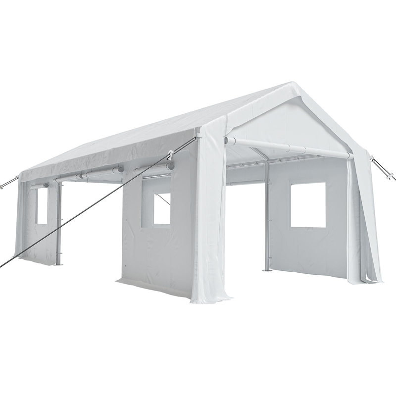 Garage portatif robuste de 10 pi x 20 pi, remise extérieure imperméable avec 4 portes et fenêtres à enroulement ventilées, abri polyvalent pour motos, voitures, outils, bois de chauffage, blanc