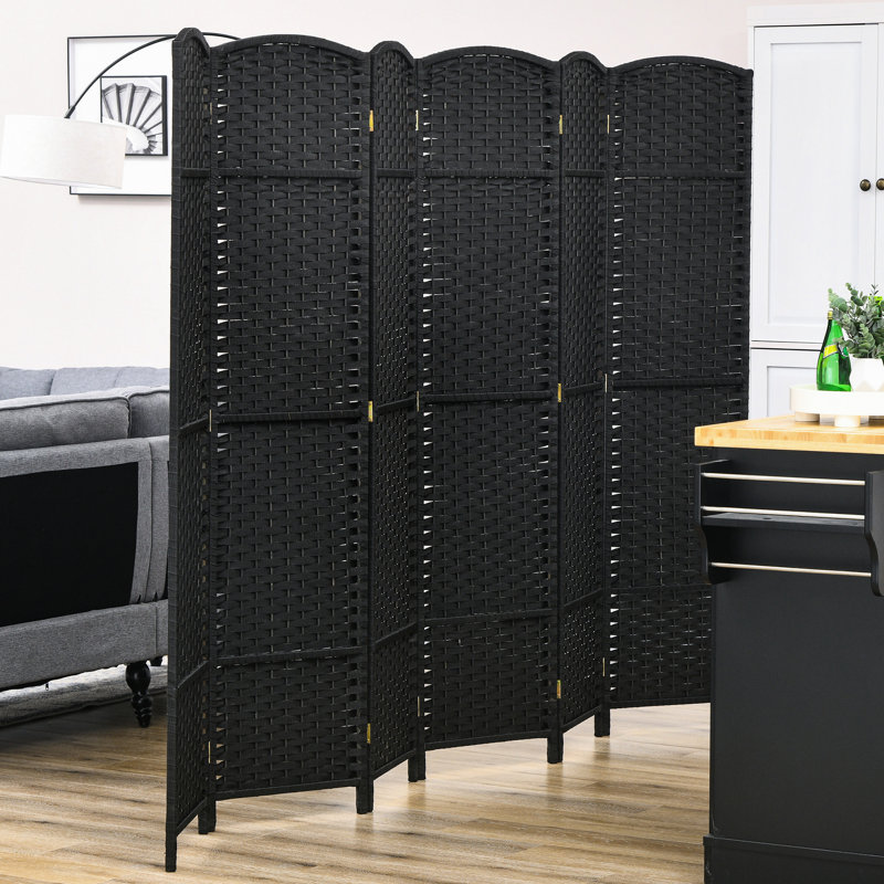Paravent, écran d'intimité pliable à 6 panneaux de 5,6 pi de hauteur. Noir pour bureau à domicile, chambre à coucher. Cloison autoportante avec un charmant motif tissé à la main et un haut mur arqué haut. Chambre à coucher, bureau.