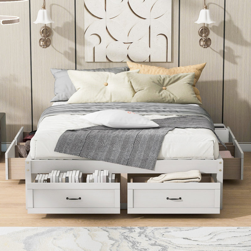 Lit plateforme avec 6 tiroirs de rangement, Blanc antique, Grand lit