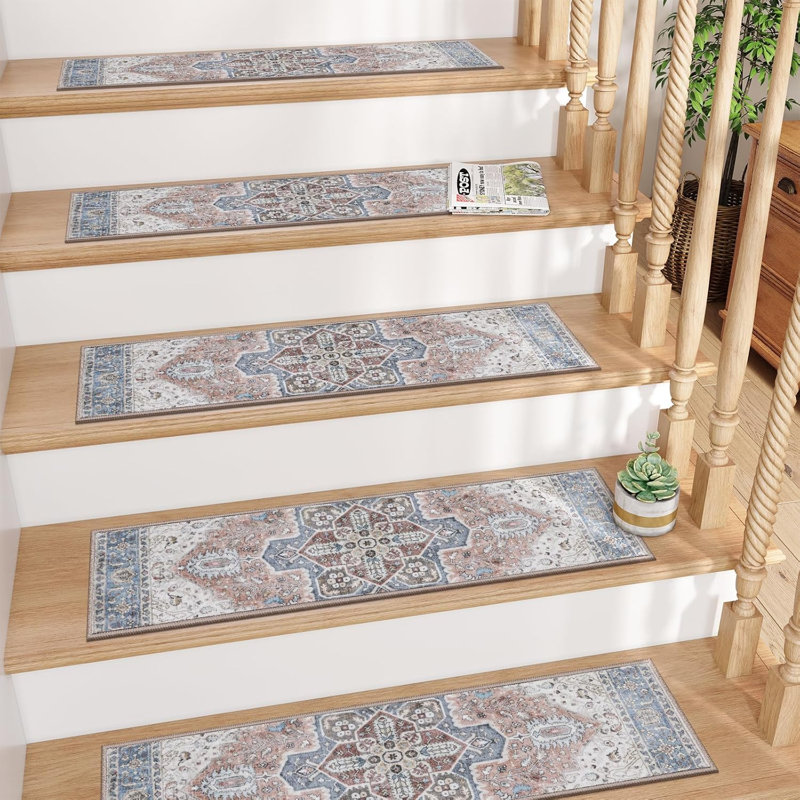 Tapis d'escalier avec caractéristiques antidérapantes, Grey/Brown Oriental, Rectangle 8 po x 2 pi 6 po