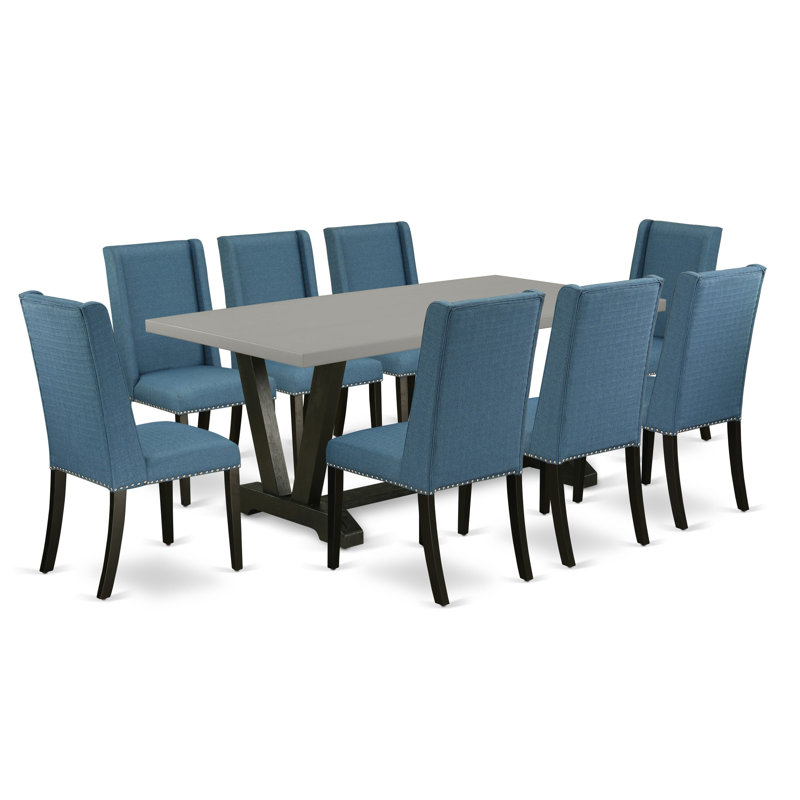 Ensemble de 9 pièces comprenant un petit plateau de table en ciment Excellent et 8 chaises de salle à manger Parson bleu minéral avec têtes de clou et dossier incurvé, finition noire brossée