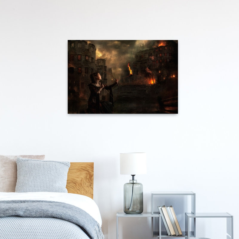 Burning City Archer Dramatic Gothic Abstract City Architecture Wall Art Print 1 Piece Wrapped Canvas Wall Art