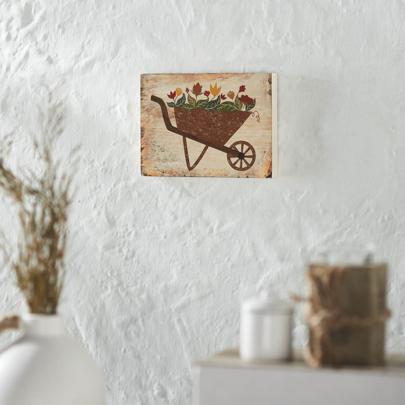 Panneau en bois aggloméré printemps en fleurs brouette 6 x 8 x 1