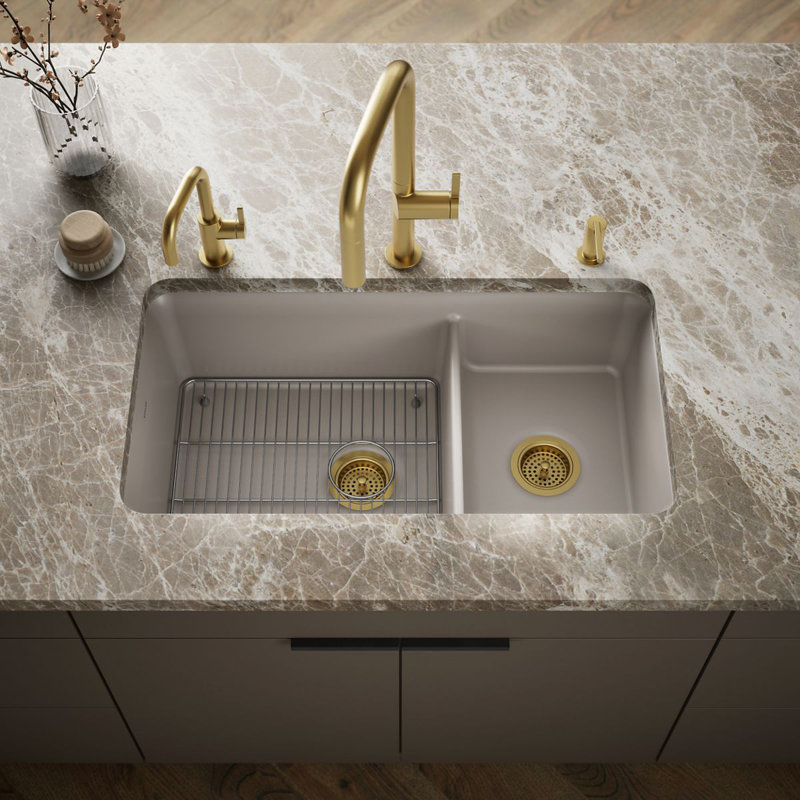 Cairn® 34" L x 18" W Double Basin Undermount with Accessories, Matte Taupe