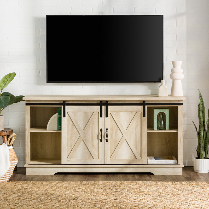 Carterton Sliding Door TV Stand for TVs, White Oak/Traditional Brown Top, 28" H x 58" L x 16" W