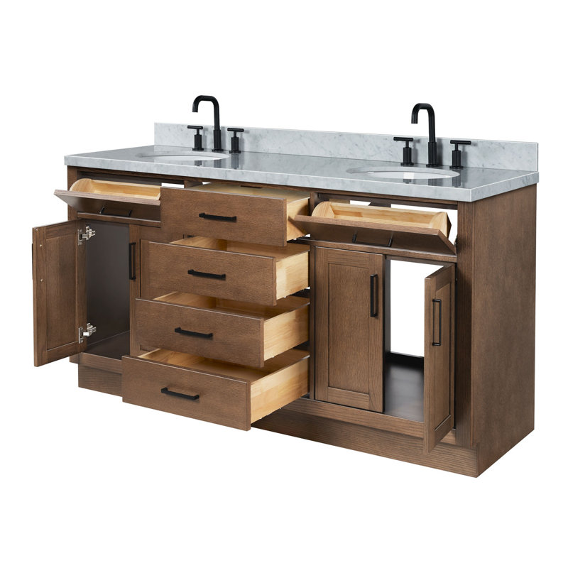 Thornaby 66'' Solid Wood Double Bathroom Vanity with 1.5'' Carrara Marble Top, Oval, Brown Oak / Matte Black