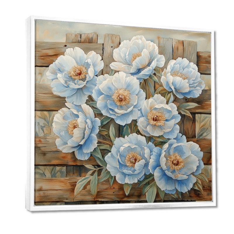 Grandes pivoines bleues près de la ferme I - pivoines, art mural, Impression encadrée flottante, H 16 po x l 16 po, Blanc