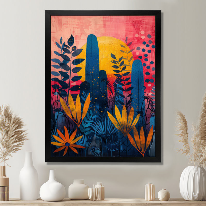 «Blue Pink Palms Desert Paradise I», impression d'art mural palmiers et palmiers, Cadre simple noir, bois massif