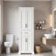 Rangement autoportant pour salle de bain avec 4 portes à charnières, 1 tiroir, tablettes réglables et poignées noires Lron