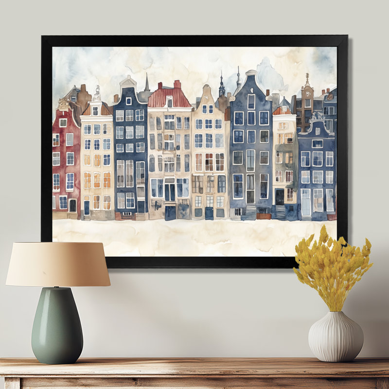Maisons des canaux d'Amsterdam - Tableau encadré sur toile représentant un paysage urbain bleu marine, H 34 po x l 44 po