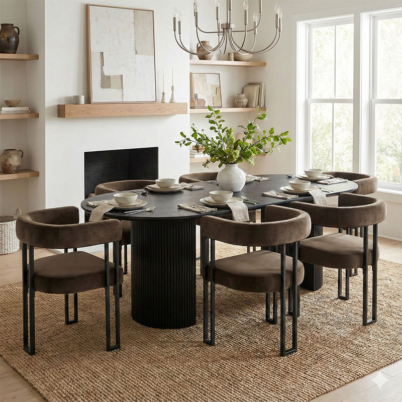 6 - Person Dining Table Sets With Oval Table & 6 Upholstered Velvet Chairs, Black, Mink