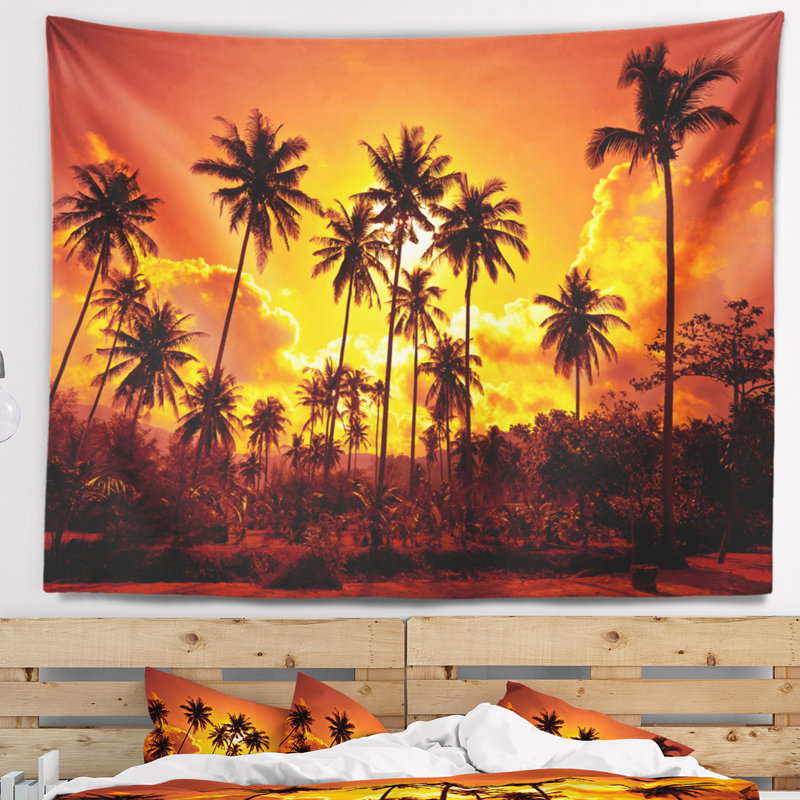 Paysage avec cocotiers et ciel jaune, H 50 po x l 60 po