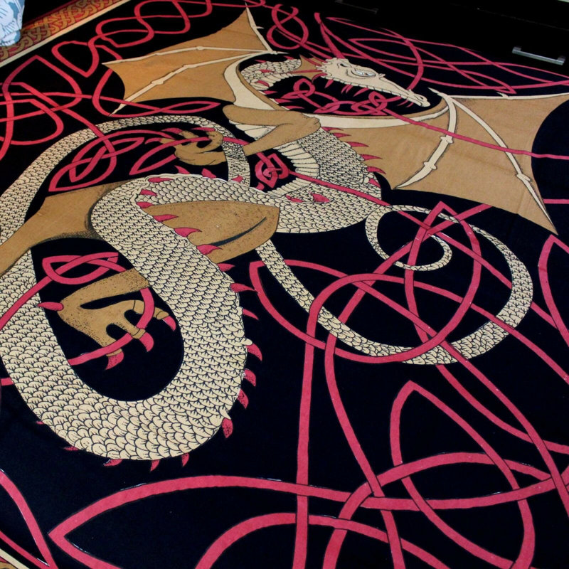 Cotton Celtic Dragon Tablecloth Rectangle, 70" H x 106" W, Red