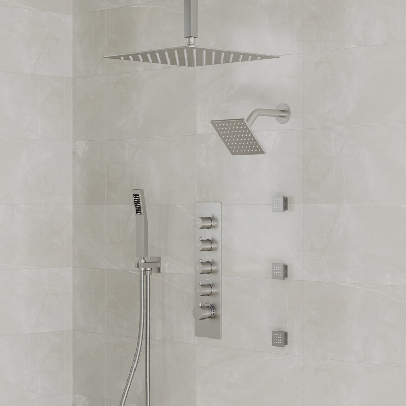  Thermostatic Dual Showerheads System, Ceiling Mount 16" High-Pressure Rainfall Shower Faucet with Handheld Spray and Body Jet