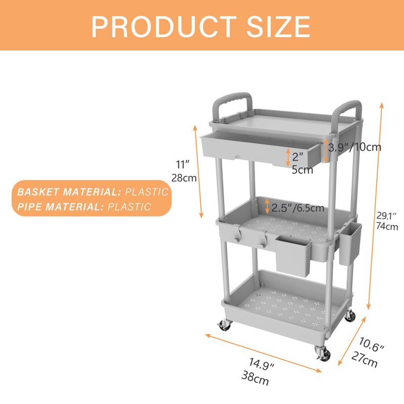 3 Tier Rolling Utility Cart With Drawer,Storage Cart,Rolling Cart Storage Organizer With Iron Wheels, Nickel
