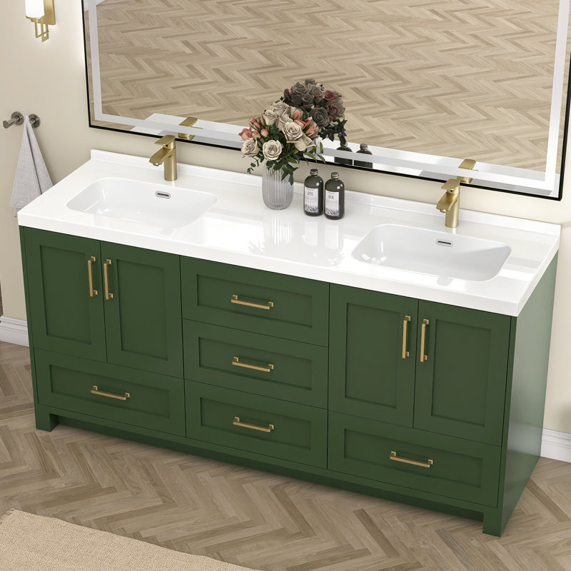 Armoire de meuble-lavabo autoportante en bois massif avec comptoir en bois massif 72 po Rocci, Vert