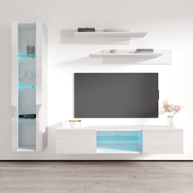 Meuble audio-vidéo mural flottant moderne de 85 po avec éclairage à DEL 16 couleurs Letson, finition ultrabrillante, Blanc
