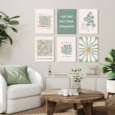 Mental Health Wall Art Therapy Office Canvas Wall Decor Green Motivational Posters Prints Boho Inspirational Quote Pictures Positive Psychology Artwork For Classroom 12X16 Inch Wrapped Canvas 6Pcs