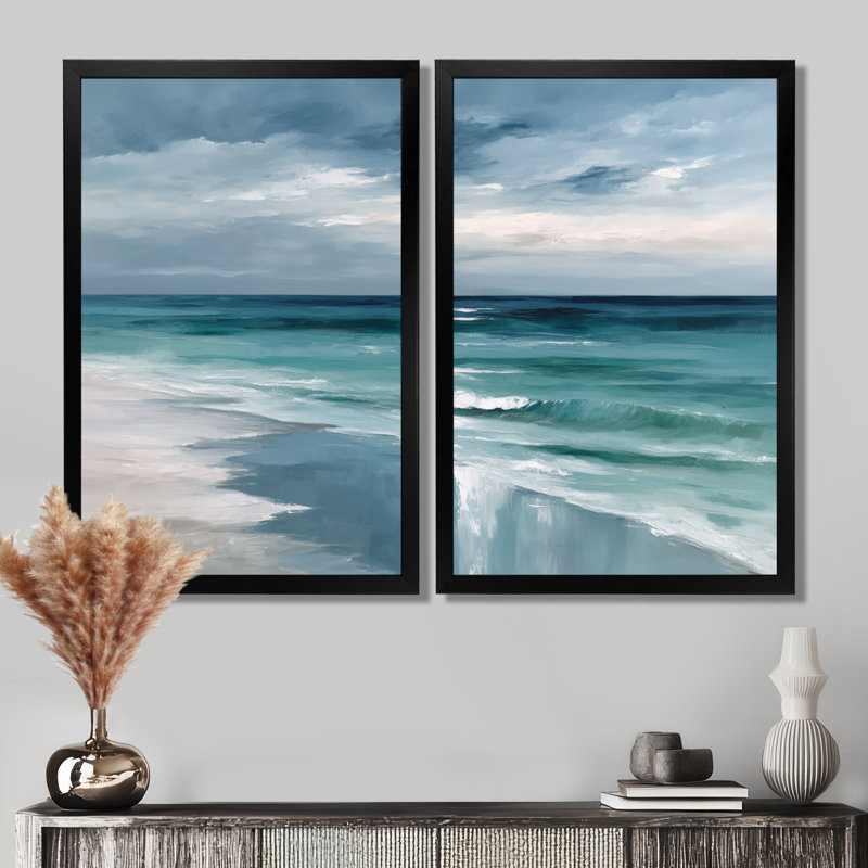 «Coastal Waves» dans des tons bleus et blancs - art mural côtier, impression sur toile 2 pièces, H 40 po x l 40 po, Noir
