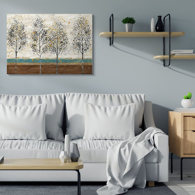 Tree Line Abstract Gold Blue Landscape - Painting, 36" H x 48" W x 1.5" D, Wrapped Canvas