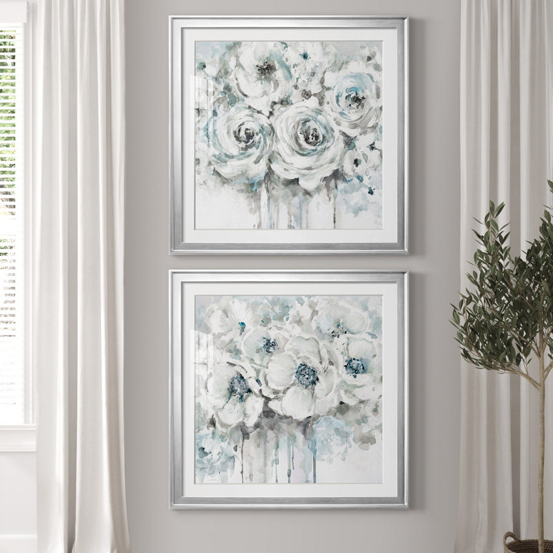 Spring Blues I - ensemble de 2 reproductions, Papier avec cadre argenté, Blanc, H 30,5 po x l 61 po x P 1,5 po