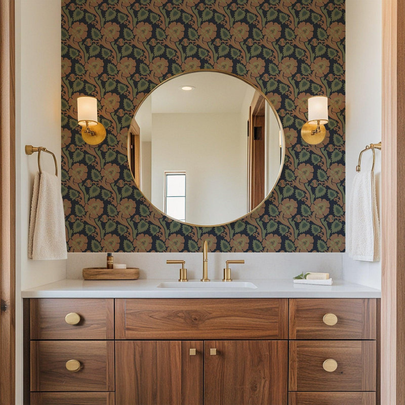 Paisley Briar - Cypress Green Botanical Wallpaper, Black; Red; Green, Faux Grasscloth, Non-Pasted