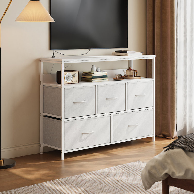 Multi-Function Steel-Wood 5-Drawer Storage Cabinet with Fabric Drawers, and Power Outlets, White