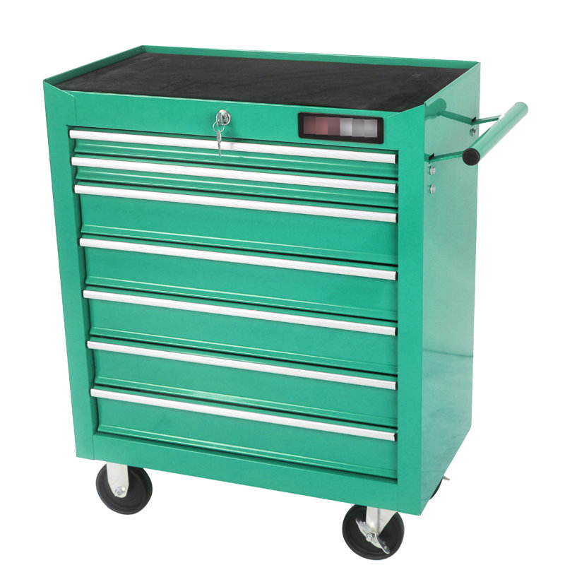 Chariot à outils mobile à 7 tiroirs avec roues - verrouillable, capacité de glissement de roulement de 15 kg, acier laminé à froid, thermolaqué, roues de chariot verrouillables à 2 freins de 4 po, glissière de capacité, fonction en acier transparent,