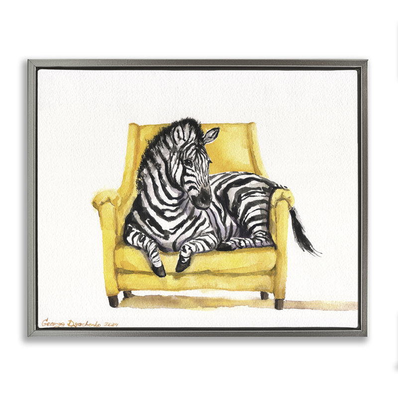 Mignon zèbre sur une chaise flottante jaune, design par George Dyachenko, Cadre flottant gris lustré, H 25 po x l 31 po